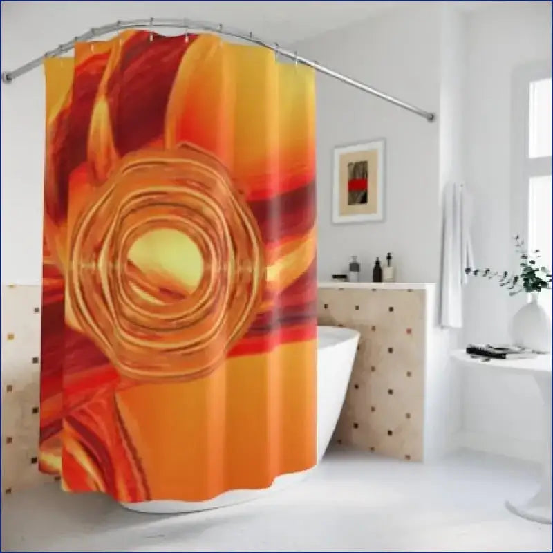 Vibrant orange and red floral shower curtain with a spiral rose design.