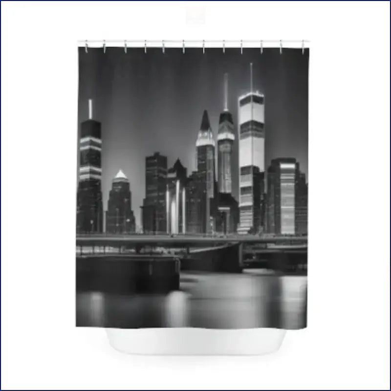 Black and white shower curtain featuring the New York City skyline.