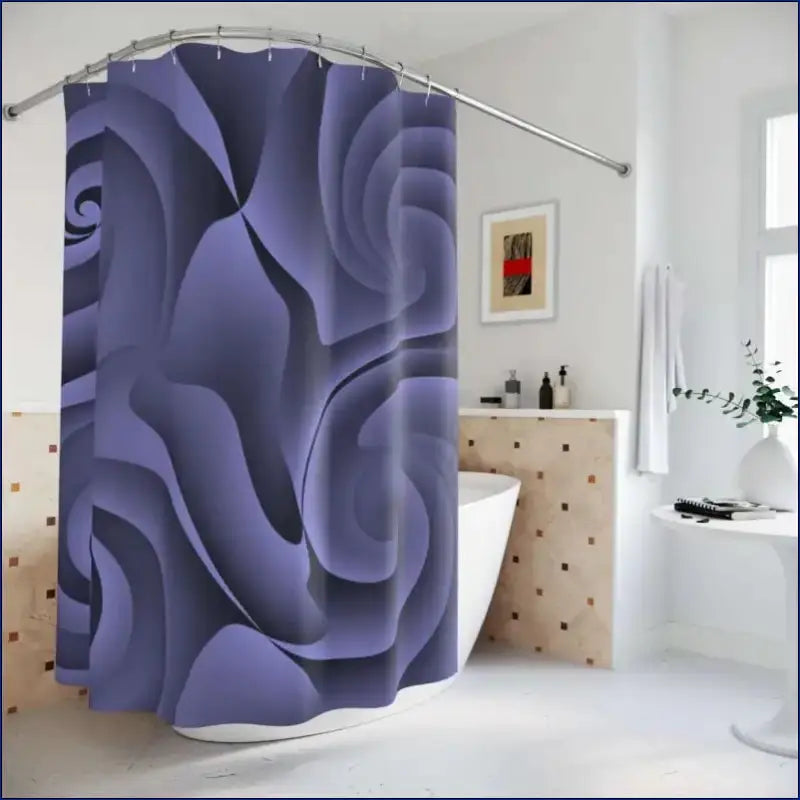 Purple shower curtain with an abstract rose petal pattern.