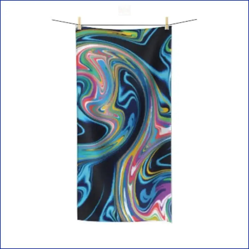 Beach towel with swirling abstract marble pattern in blue, pink, and black colors.