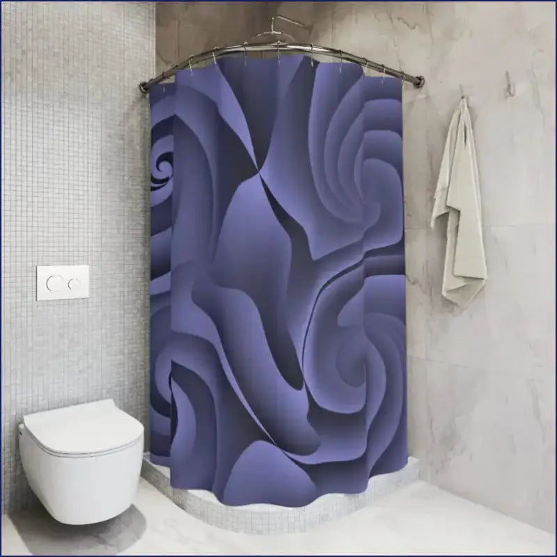 Shower curtain with a purple swirling rose pattern design.