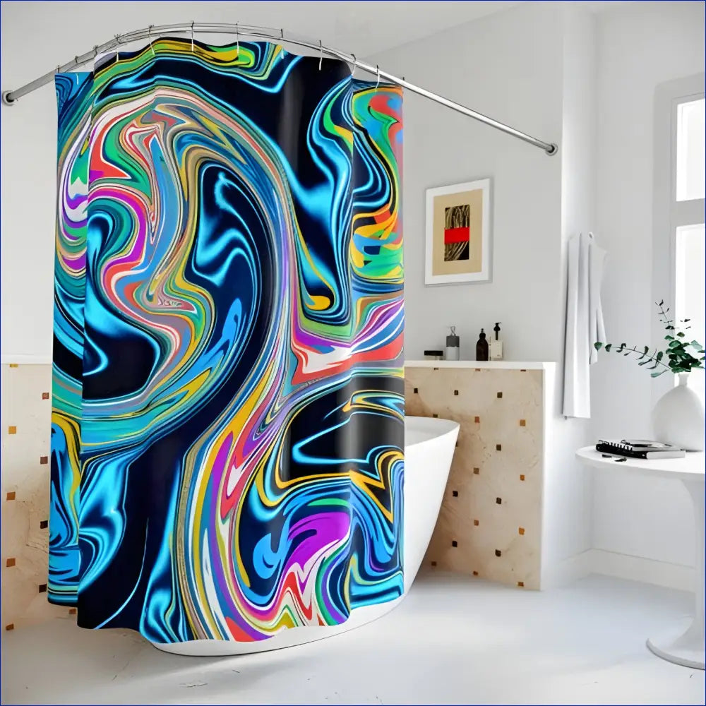 Colorful shower curtain featuring swirling abstract patterns in blue, pink, yellow, and black.