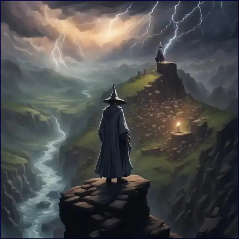 A wizard in a dark cloak and pointed hat standing on a rocky outcrop.