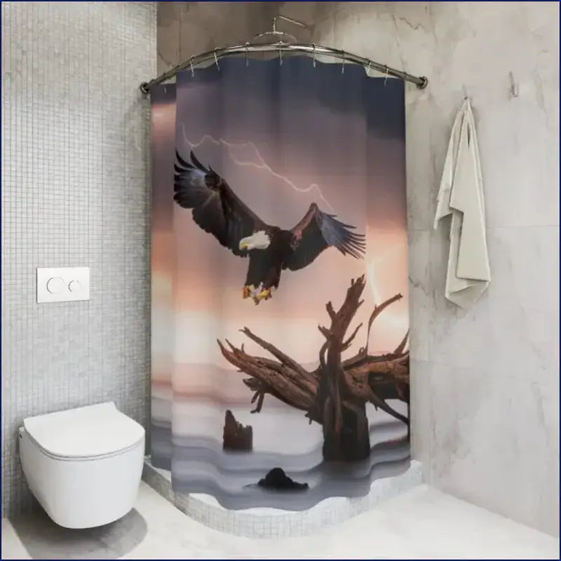 Shower curtain featuring a majestic eagle soaring over driftwood.