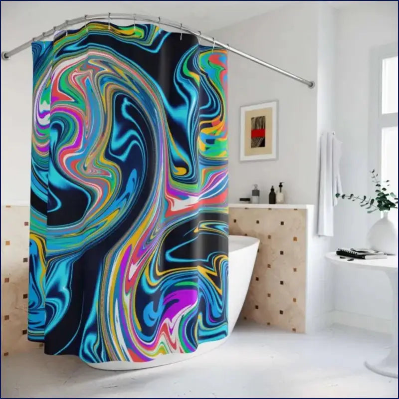 Colorful shower curtain featuring swirling abstract patterns in blue, pink, purple, and black.