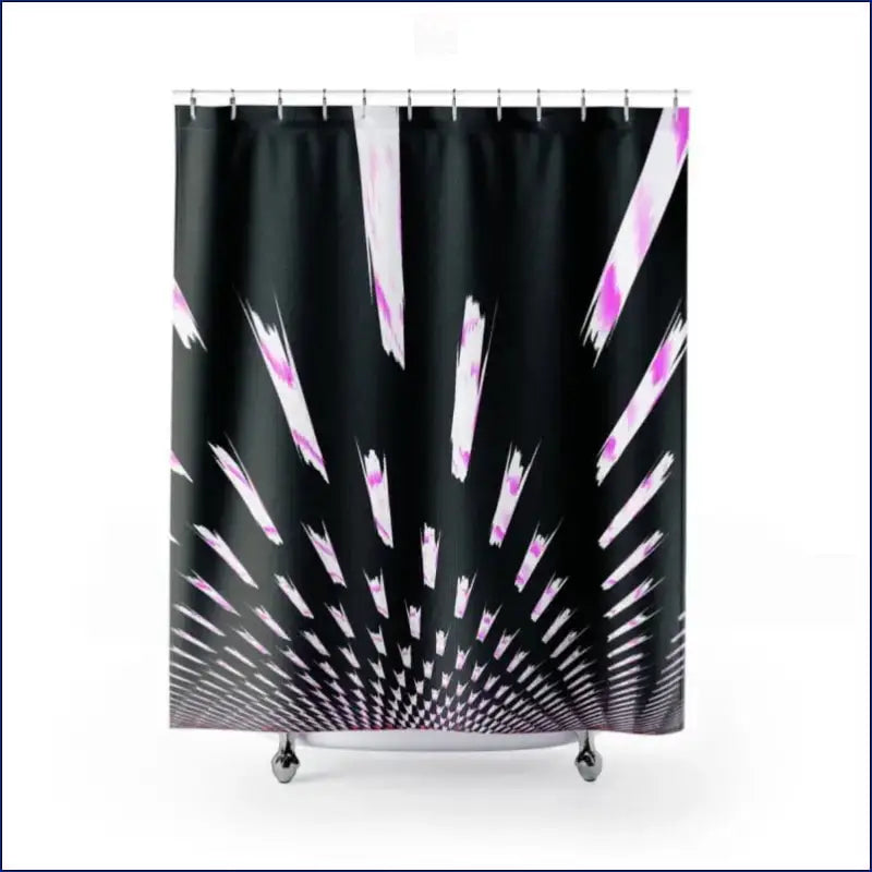 Black shower curtain with radiating white and pink geometric pattern.