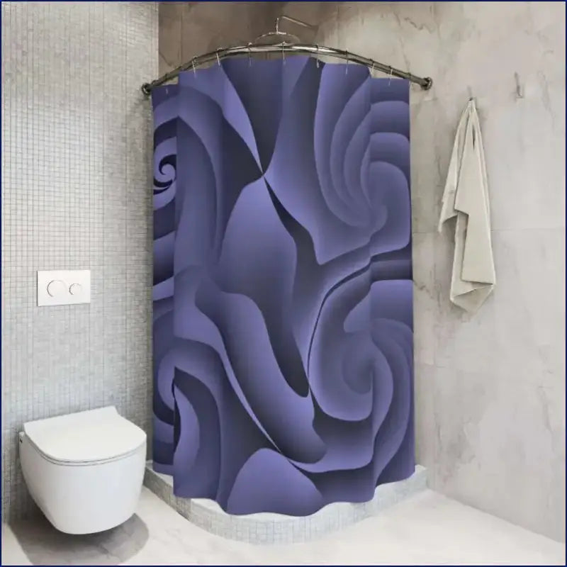 Purple shower curtain with abstract swirling rose pattern.