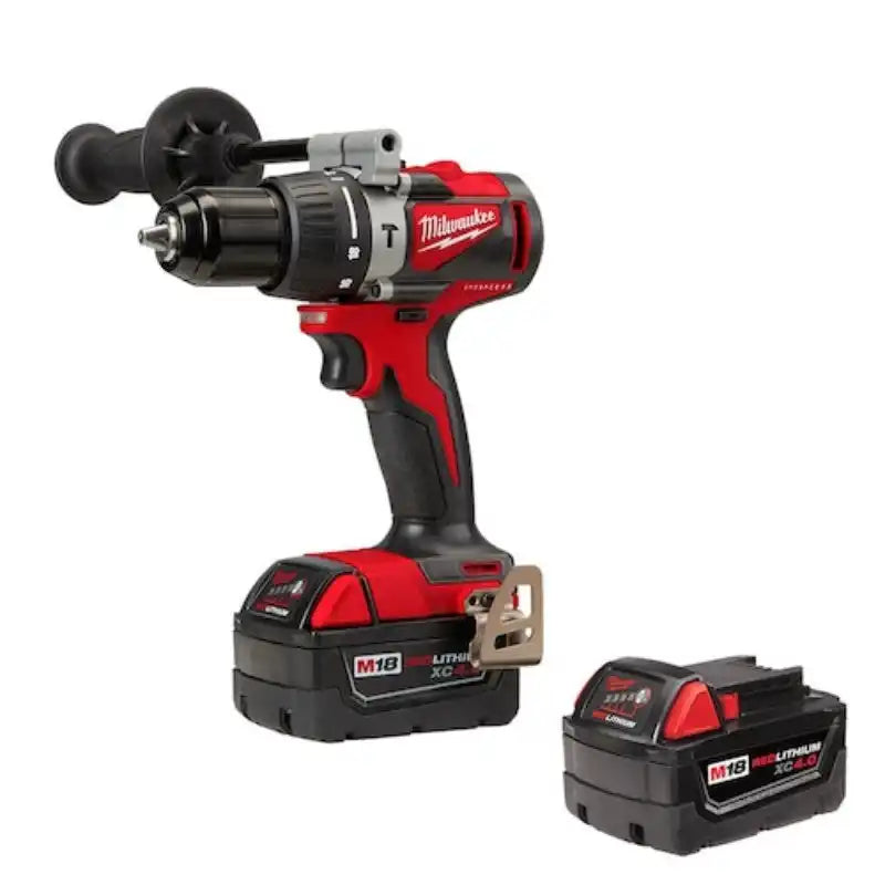 Red and black Milwaukee cordless power drill with two battery packs.