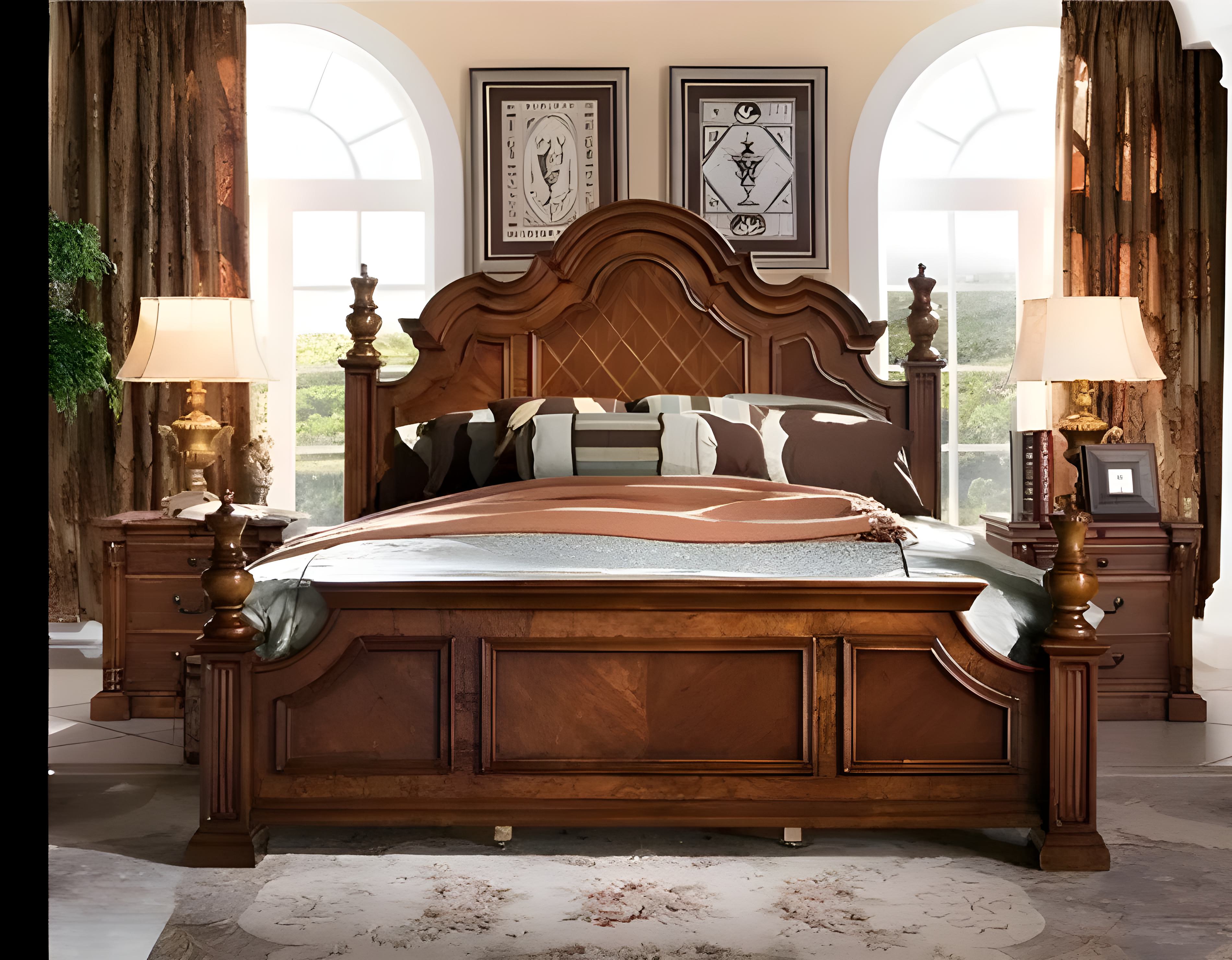 Solid Birchwood King sized bed with hand carved features. Beautiful piece of work. Seven coats of hand applied eco- friendly stain. Complete set also available.