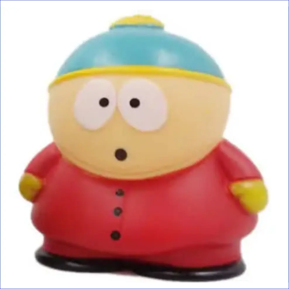 Cartman toy figure from South Park wearing his signature red coat and turquoise hat.