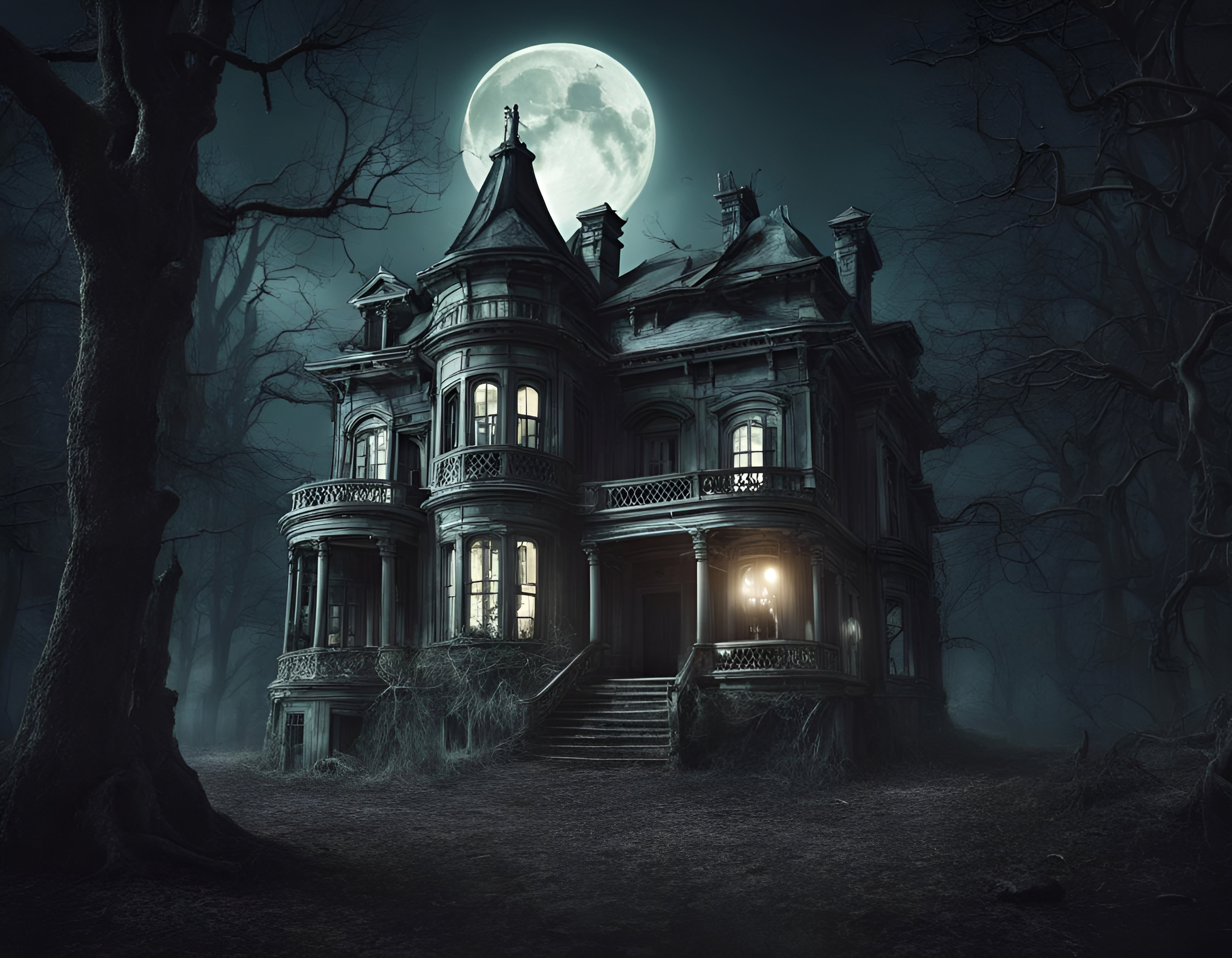 Full moon haunted house digital artwork