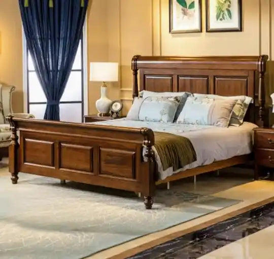 Traditional wooden bed frame with paneled headboard and footboard in rich brown finish.