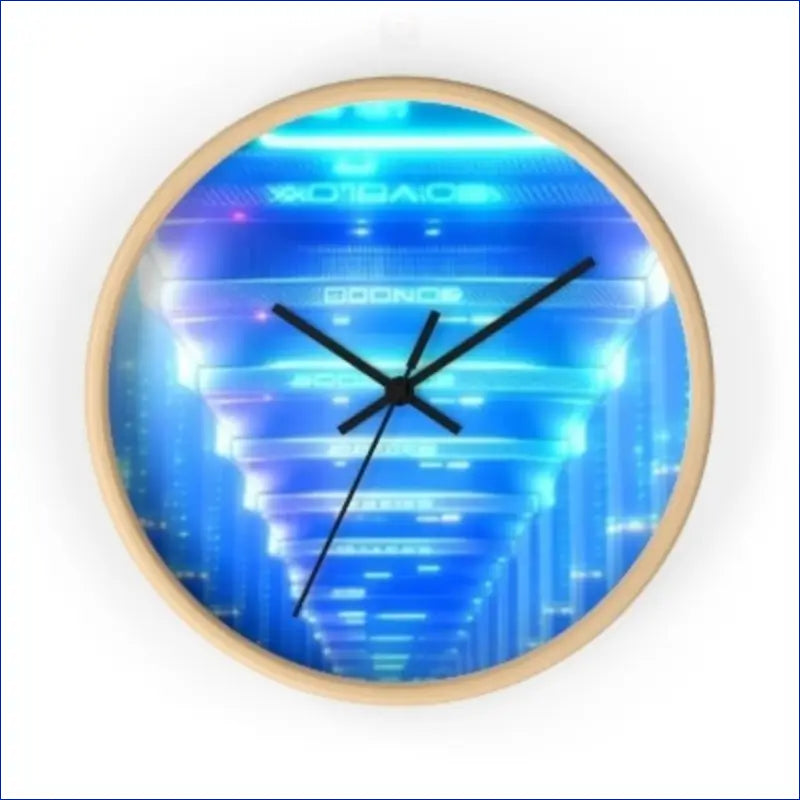 Wall clock with a futuristic blue digital corridor design on its face.