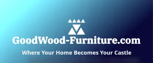 White logo for GoodWood-Furniture.com with a triangular design and tagline ’Where Your Home Becomes Your Castle’