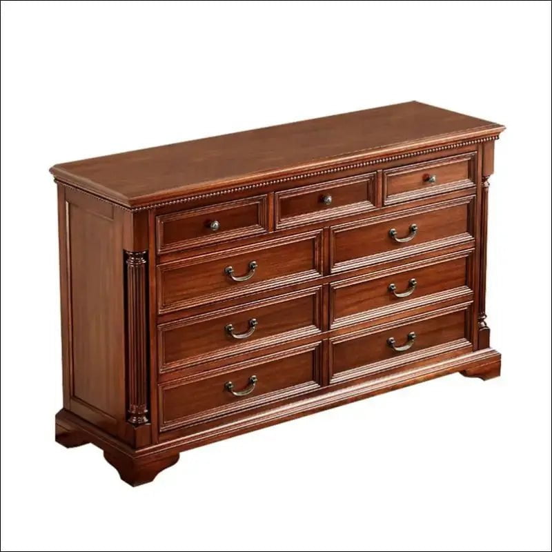 Traditional wooden dresser with nine drawers and decorative molding in a rich brown finish.