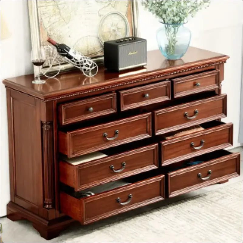 Traditional wooden dresser with nine drawers and decorative molding.