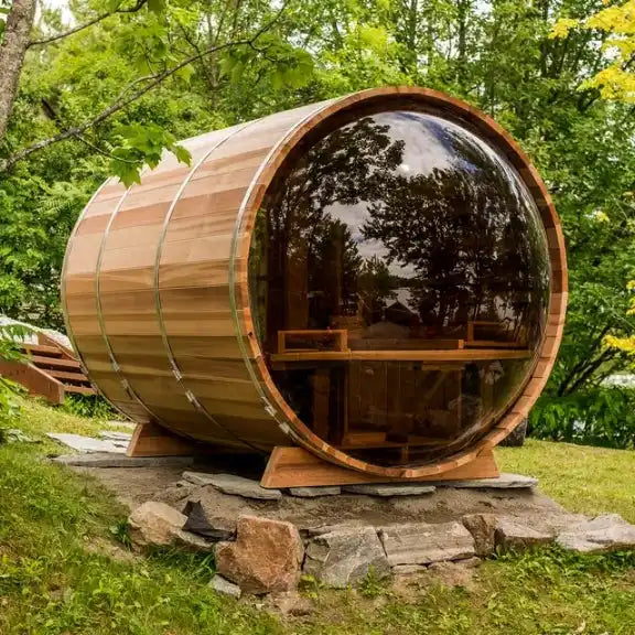 Wooden barrel-shaped sauna with a glass front panel.